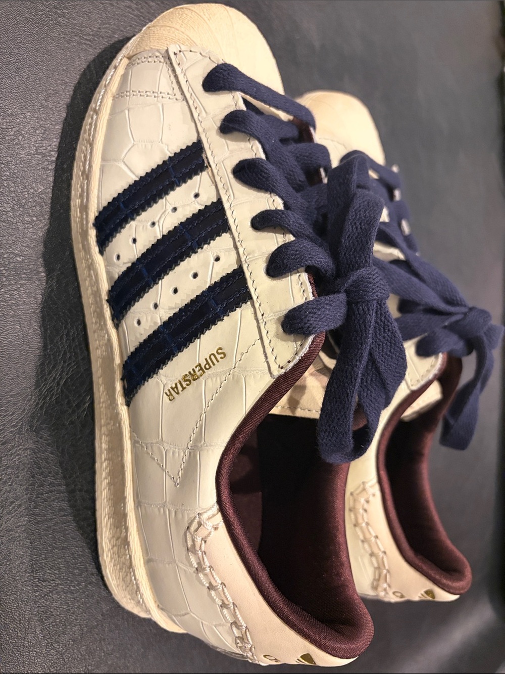 Wales Bonner Adidas Cream Croc Leather Superstars with Navy Stripes Size US 6